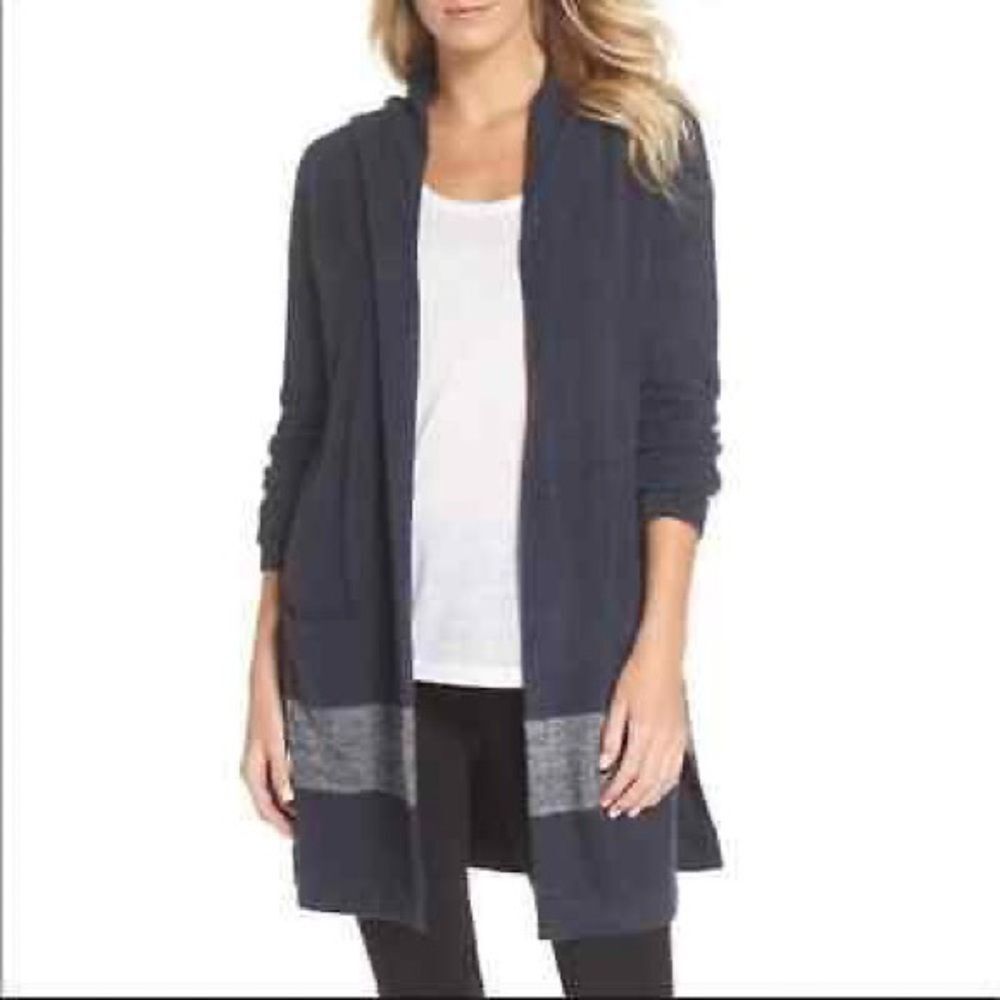 Barefoot Dreams Coastal‎ Hooded Sweater Hoodie Stripe Pockets Cozy Chic